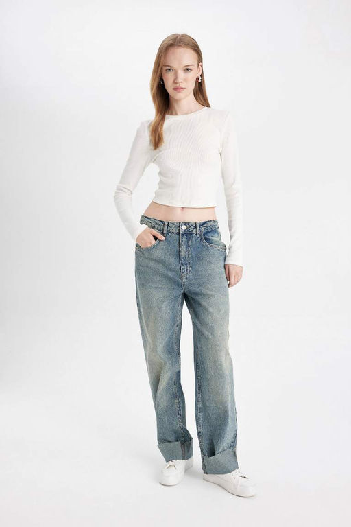 Джинсовые брюки до щиколотки Baggy Fit с высокой талией и складками, потертые брюки - Defacto фото 2