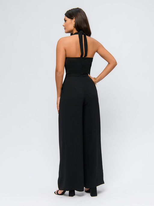 Комбинезон черный с глубоким вырезом и завязками на шее - 1001dress фото 3