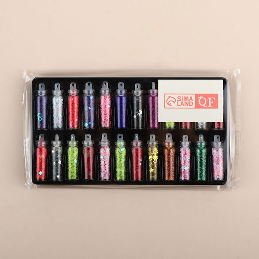 Блёстки для декора ногтей, мелкие/средние, в пластиковом органайзере, набор 24 бутылочки, разноцветные - Qf фото 7