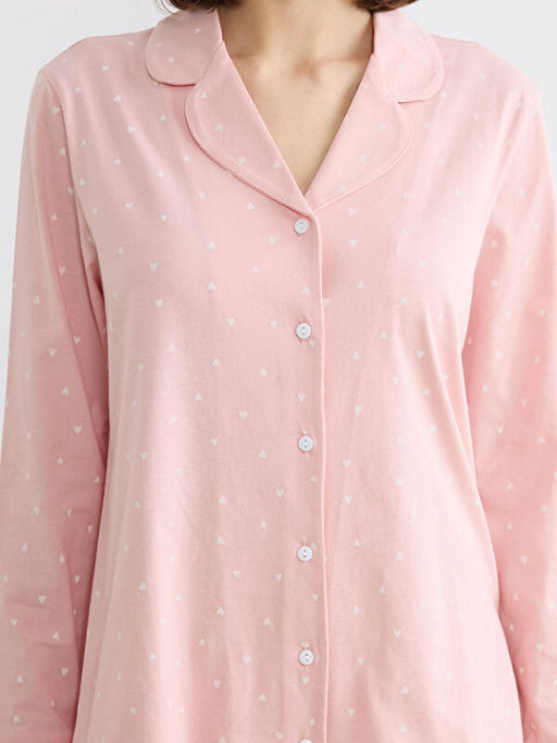 G?mlek Yaka Kalp Bask?l? Kad?n Pijama Tak?m?