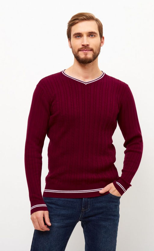 Пуловер с контрастной V-образной горловиной F221-15-3010 бордовый - Fine joyce фото 9