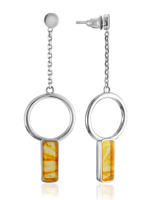 Стильные удлинённые серьги-гвоздики с лимонным янтарём London