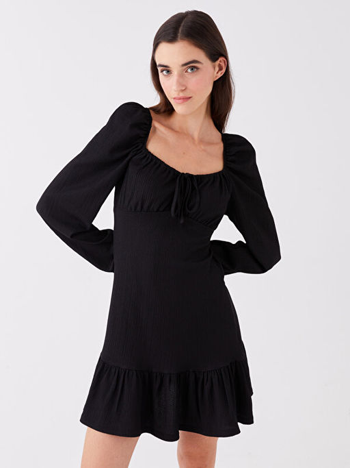 U Yaka D?z Uzun Kollu Elbise