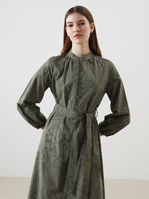 Hakim Yaka ?i?ekli Poplin Kad?n Elbise