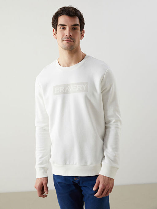 Bisiklet Yaka Bask?l? Erkek Kal?n Sweatshirt