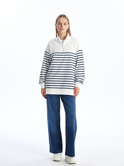 Dik Yaka ?izgili Kad?n Sweatshirt Tunik