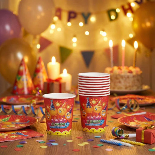 Стакан бумажный 0,2л в наборе 10 шт "С днем рождения! Смайлы"