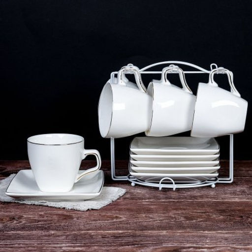 Чайный набор 12 предметов 220 мл квадратная форма MS / TC08L-12G 180 /уп 8/ костяной фарфор металл подставка - Галеонтрейд фото 2