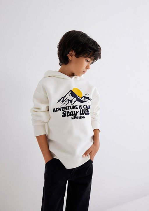 Kapusonlu Bask?l? Beyaz Sweatshirt - Mavi фото 2