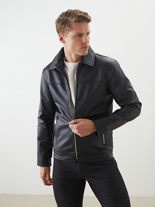 Slim Fit G?mlek Yaka Erkek Deri G?r?n?ml? Mont