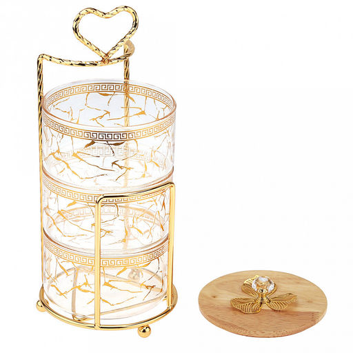 Блюдо-этажерка (конфетница, набор для холодца) стеклянное3-х секционное, 1 секция - 500мл д10,9см h6,3см, прозрачное стекло с деколью, одна бамбуковая крышка, ручка-кнопка "кристалл" с металлическим декором, металлическая подставка с ручкой, на ножка