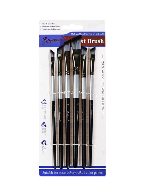 Набор кистей для рисования, синтетика, 6 штук: № 2, 4, 6, 8, 10, 12, плоские, скошенные, чёрно - серые, международный размер