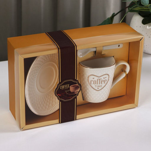 Кофейная пара с ложкой Coffee, 2 предмета: кружка 190 мл, блюдце, керамика, белая