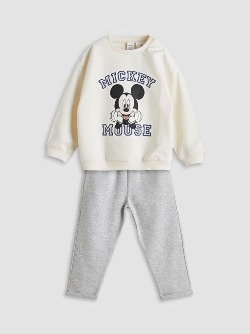 Bisiklet Yaka Mickey Mouse Bask?l? Erkek Bebek Sweatshirt ve E?ofman Alt 2li