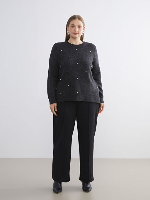 Bisiklet Yaka Boncuk ??lemeli Kad?n Triko Kazak