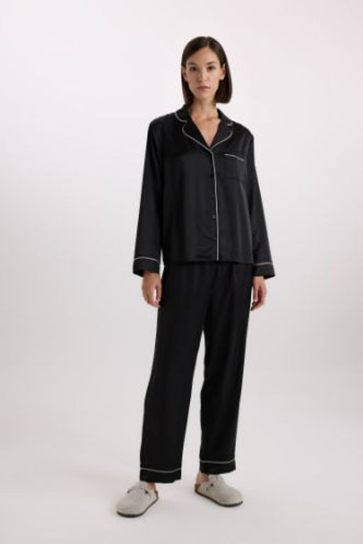 Fall in Love Sevgililer Gunu Pijama Tak?m? Saten Uzun Kollu Pijama Ustu Uzun Esnek Belil Pijama Alt?