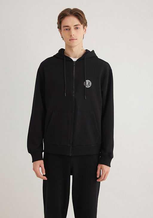 MVJNS Logo Bask?l? Fermuarl? Kapusonlu Siyah Sweatshirt - Mavi фото 4