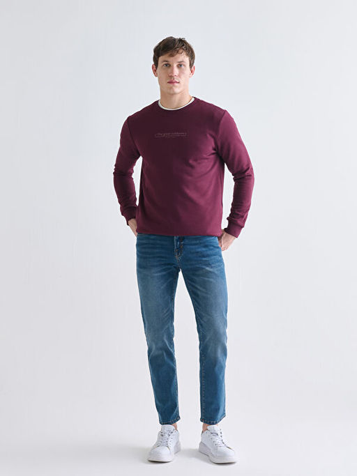 Bisiklet Yaka Bask?l? Erkek Kal?n Sweatshirt