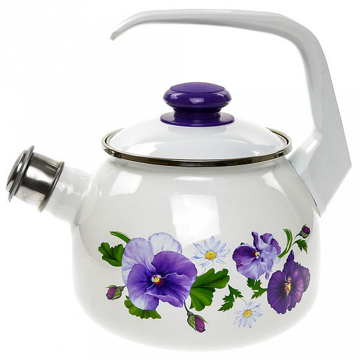 "Анютины глазки" Чайник эмалированный 2,5л, со свистком, сферическая форма, металлическая крышка (Россия)