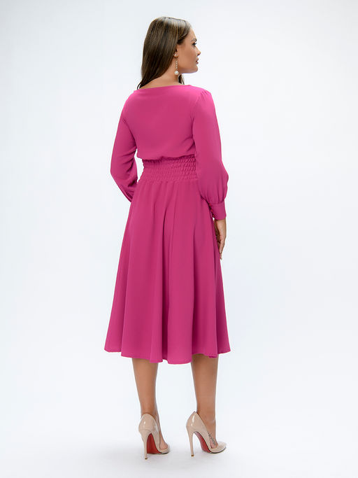 Платье цвета фуксии длины миди с широкой резинкой на талии - 1001dress фото 3