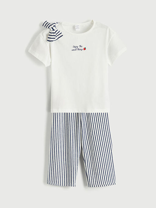 K?z ?ocuk Bask?l? Ti??rt ve ?izgili Pantolon