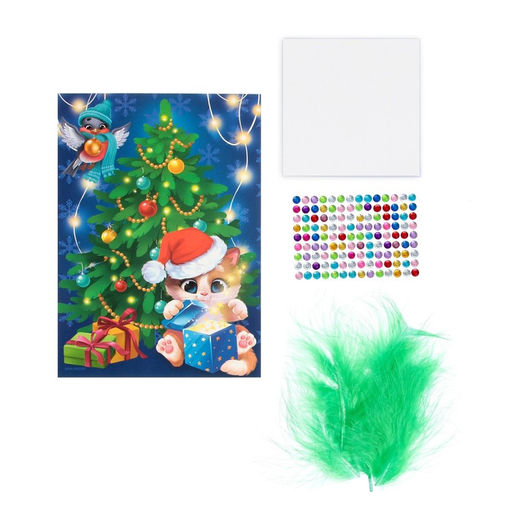 Аппликация перьями и стразами Котик у ёлки - Школа талантов фото 4