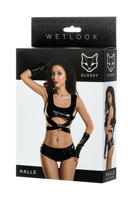 Комплект Glossy HALLE из материала Wetlook (топ, мини-шорты и перчатки), черный, S