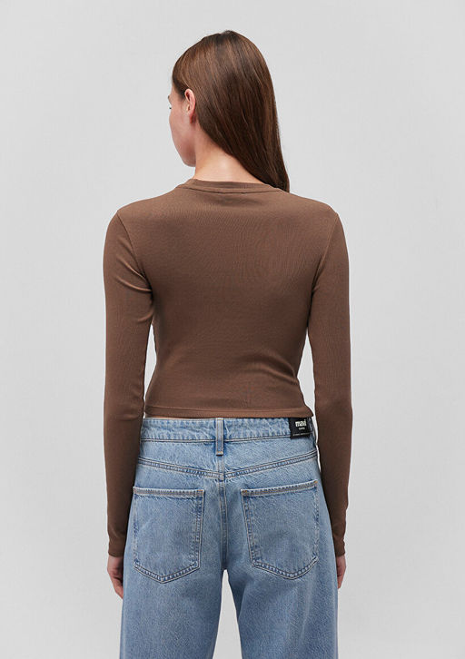 Uzun Kollu Kahverengi Basic Tisort - Mavi фото 4