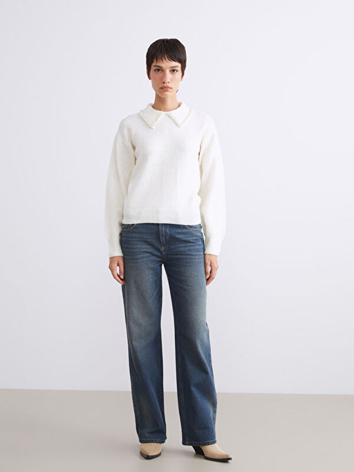 Polo Yaka Boncuk ??lemeli Kad?n Triko Kazak