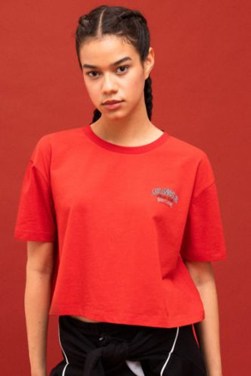 DeFactoFit Crop Bisiklet Yaka Bask?l? Sporcu K?sa Kollu Tisort