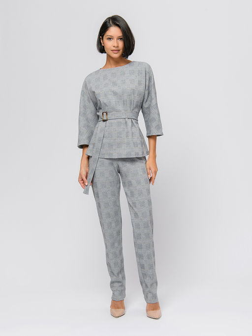 Блуза серого цвета в бежевую клетку с поясом и рукавами 3/4 - 1001dress фото 2