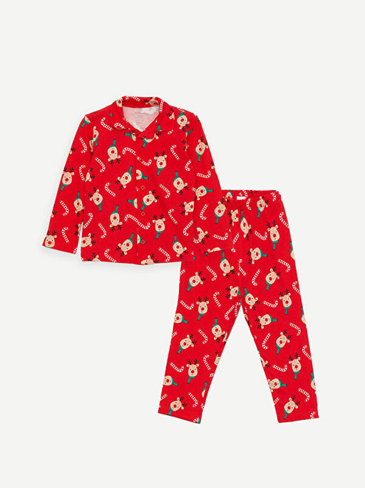 G?mlek Yaka Uzun Kollu Y?lba?? Temal? Erkek Bebek Pijama Tak?m?