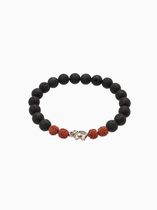 Браслет «Слоник», длина 18 см, лава, рудракша, чёрный, коричневый