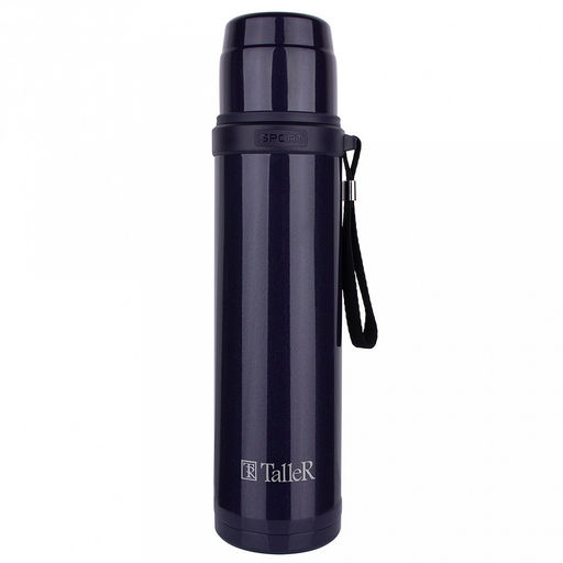 Термос из нержавеющей стали с узкой горловиной 0,9л "Гант" д7,5см, h32,5см, горло д4,5см, кнопочный механизм, крышка-стакан, с ремешком, покрытие - фиолетовое, глянцевое, "TalleR" (Китай)