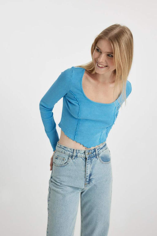 Крутая приталенная футболка в рубчик с длинными рукавами - Defacto фото 6