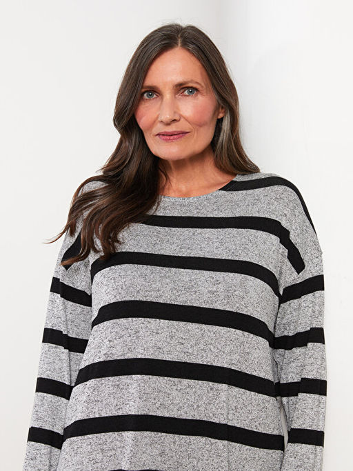 Bisiklet Yaka ?izgili Uzun Kollu Kad?n Ti??rt