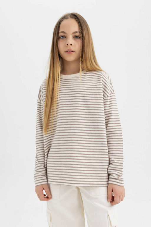 Полосатая футболка с длинными рукавами и круглым вырезом для девочек - Defacto фото 6