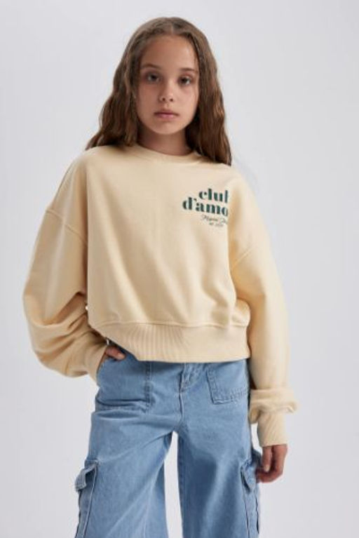 K?z Cocuk Oversize Genis Kal?p Bisiklet Yaka Bask?l? Sweatshirt