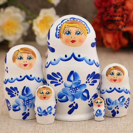 Матрёшка дерево «Гжель», белое платье, 5 кукольная, 10 см