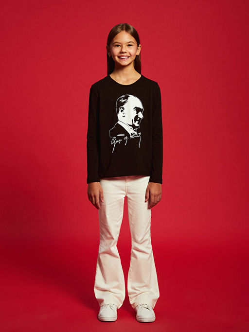 Bisiklet Yaka Atat?rk Bask?l? K?z ?ocuk Ti??rt - Waikiki фото 2