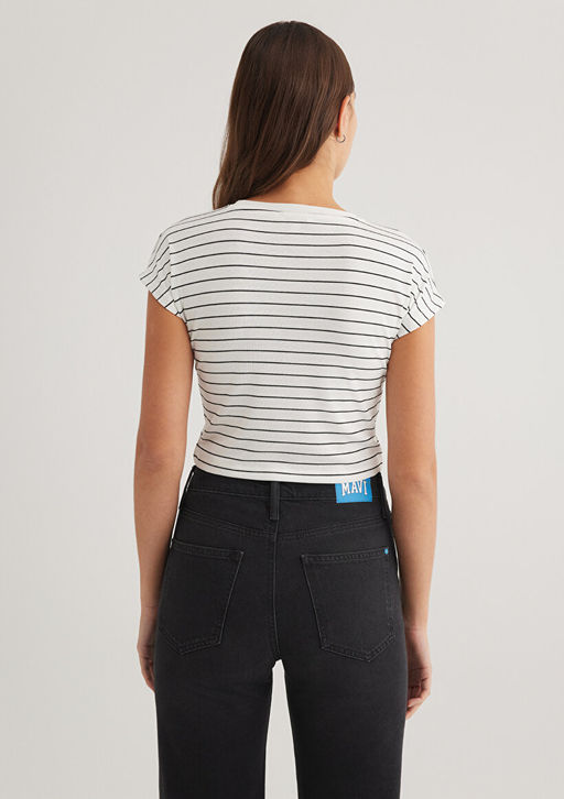 Beyaz Cizgili Basic Tisort - Mavi фото 4