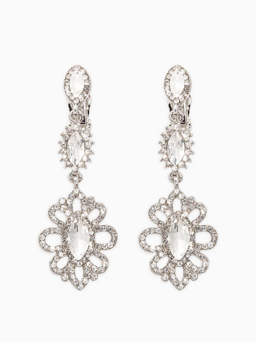 Клипсы для ушей висячие со стразами QF Ажур в стразах, эллипс, цвет белый в серебре