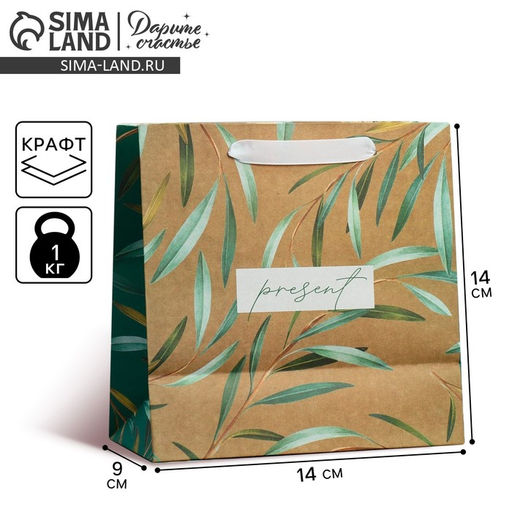Цена за 2 шт. Пакет подарочный крафтовый квадратный, упаковка, «Present», 14 х 14 х 9 см