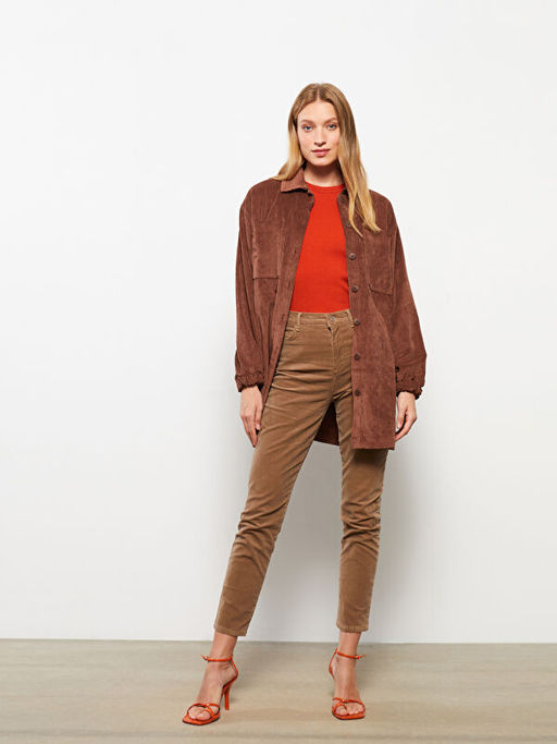 Normal Bel Dar Fit D?z Kadife Kad?n Pantolon