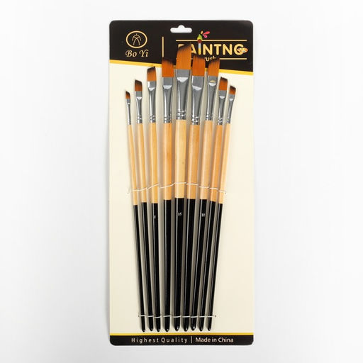 Набор кистей для рисования, нейлон, 9 штук: № 0, 2, 4, 6, 8, 10, 12, 14, 16, плоские, скошенные, с длинными ручками, международный размер