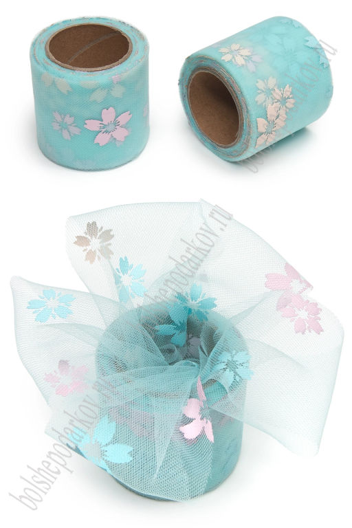 Фатин Цветочки 5,5 см*15 ярд (SF-6042) аквамариновый №27