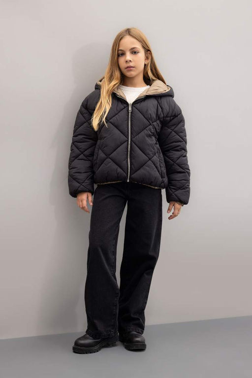 Водоотталкивающий двусторонний стеганый пуховик с капюшоном и застежкой-молнией для девочек - Defacto фото 2