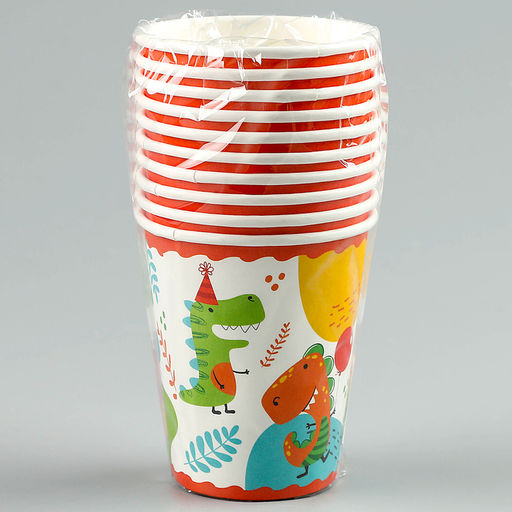 Цена за 10 шт. Стакан одноразовый бумажный "С Днём Рождения", динозавры, 250 мл