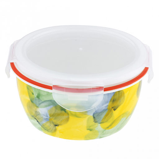 Акварель Салатник-контейнер фарфоровый 640мл, д14,8х6,9см, круглый, с деколью, отводка, пластмассовая крышка, герметичная, с клипсами, с силиконовым уплотнителем (Китай)