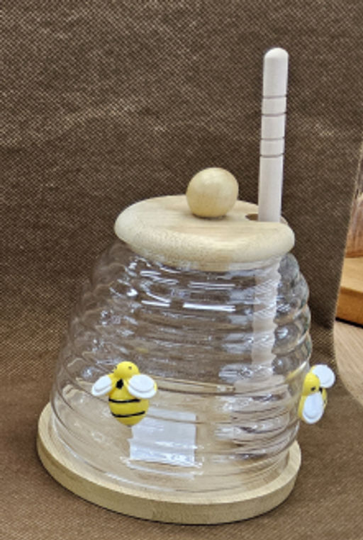 Банка для меда с ложкой на подставке бамбуковая крышка Пчелка / 9664 /уп 100/